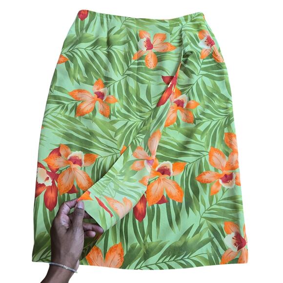 Worthington Vtg Green Floral Silk Hawaiian Tropic Vacation Resort Midi Skirt 10 - Picture 2 of 9